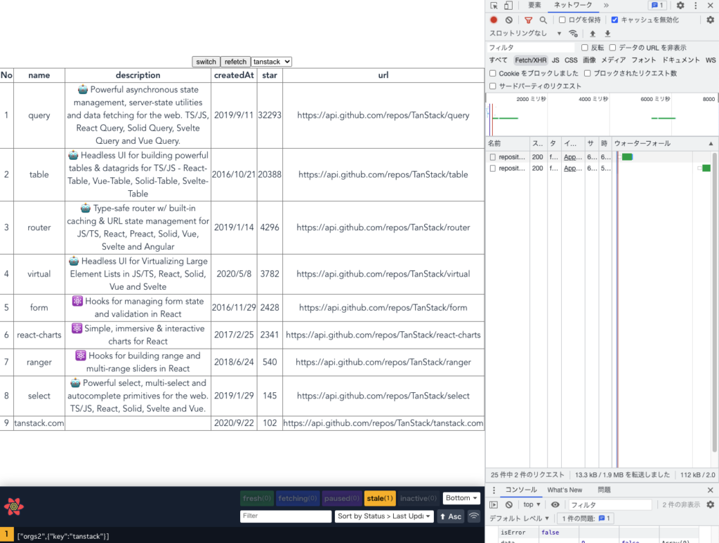 stale なのでデータが更新された例。query の star 数が増えて（更新されて）います